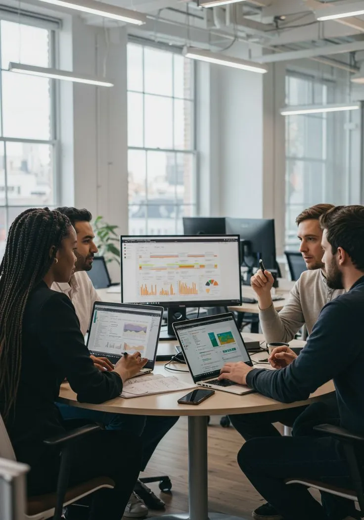 Twórcy i zespół operacyjny pracujący przy produkcji: kamera, laptop, storyboard